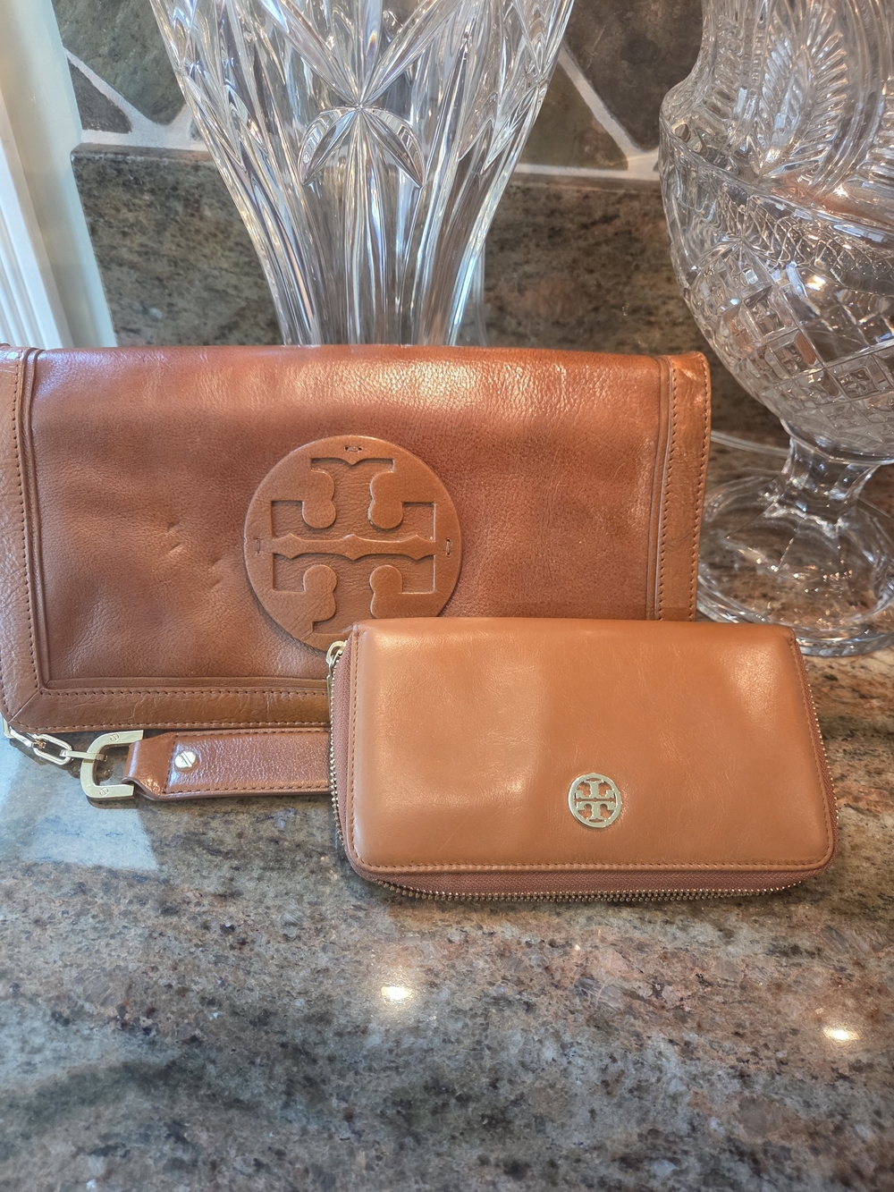 Tory Burch Tan Leather Bag & Zip Wallet Set
